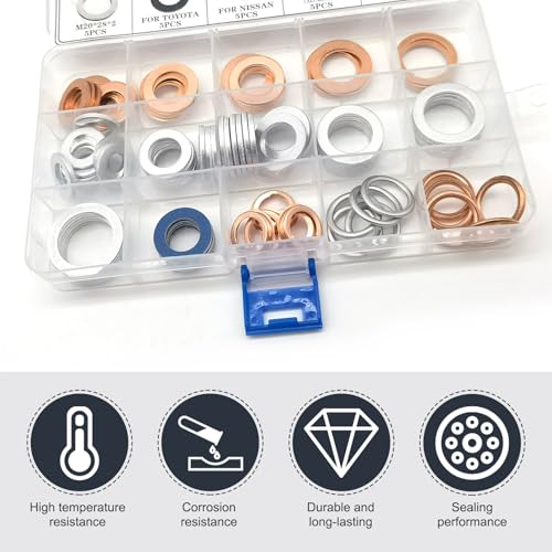 Image of 105 PCS Car Oil Drain Plug Copper Flat Washers Assortment Set, 15 Sizes Durable Oil Crush Washer Seals Kit, with Storage Box, Compatible with Nissan Volkswagen (Multicolored)