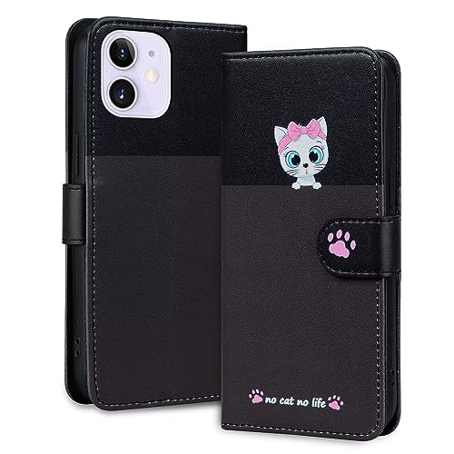 Rnrieyta Miagon per iPhone 11 Cover,Custodia Cartone Cane Gatto Carino Portafoglio a Libro in PU Pelle Giuntato Flip Cover con Porta Carte Chiusura Magnetica Case,Grigio