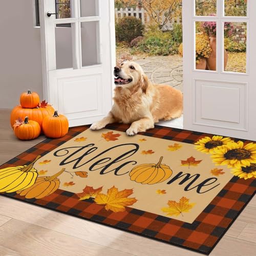 HEBE Fall Door Mat, 32'x48' Pumpkin Welcome Doormat, Non Slip Buffalo Plaid Front Door Mats for Indoor Outdoor Autumn Harvest Thanksgiving Farmhouse Low Profile Entryway Doormats Washable