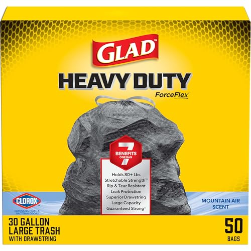 Glad Large 30 Gallon Trash Bags, Clorox Mountain Air Heavy Duty Garbage Bags, Forceflex with Drawstring, 50 Count (Packaging May Vary)