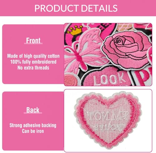 Harsgs Pink Style Iron on Patches, Embroidered Vintage Girl Patches, Cute Applique Patches for Clothing, Jackets, Hats, Backpacks, Jeans (Pack of 32)