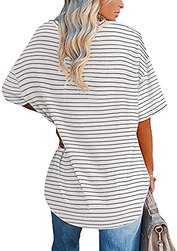 Fisoew Womens Striped Oversized Tees Loose T Shirts Half Sleeve Crew Neck Cotton Tunic Tops With Pockets #TOP1