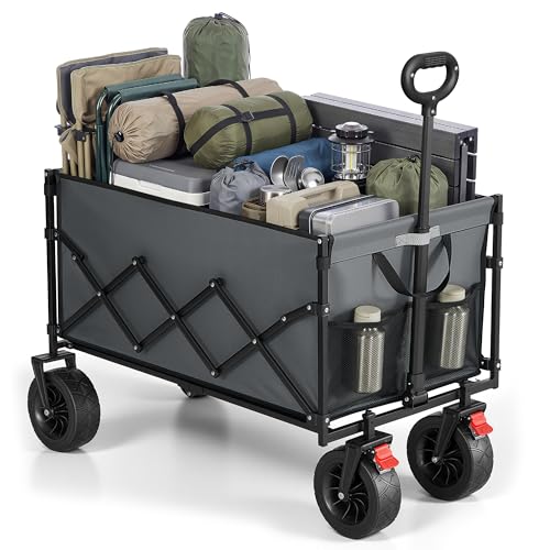 Image of SONGMICS Festival Trolley on Wheels, Foldable Camping Cart, Pull Garden Wagon, Adjustable Handle, 4 Reinforced Wheels, Outdoor, Yard, Garden, Loads Up to 180 kg, 200 L, Dove Grey GFW201G101