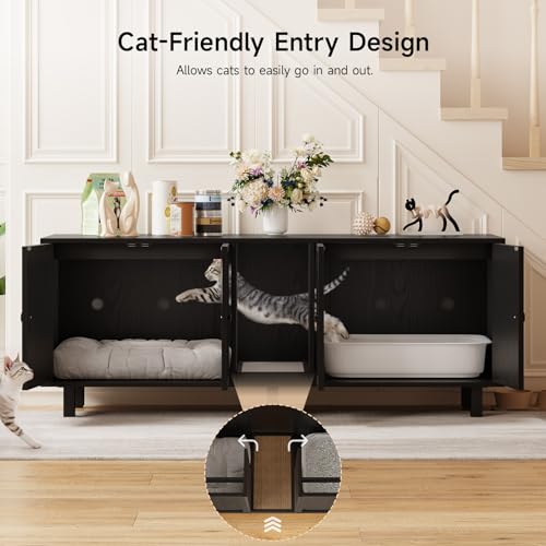Image of ONBRILL 63 Inches Cat Litter Box Enclosure for 2 Cats, Hidden Litter Boxes Furniture with Cat Scratch Pad, Large Indoor Pet House with Double Room, Wooden TV Stand Side Table, Black