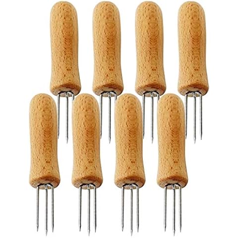 8pcs/Set Corn on The Cob Holders Stainless Steel,Wooden Handle Corn Grips Forks Skewers Sticks Sweetcorn Grill Holder Fork BBQ Party Food Grill Prong Cover