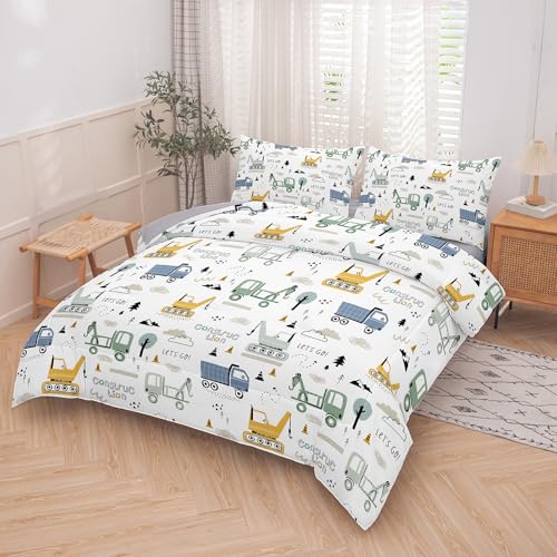 Image of NINENINE Boys Construction Bedding Set Full, 3-Piece Kids Comforter Set for Boys, Soft Lightweight Microfiber Kids Excavator Comforter Set with 2 Pillowcases