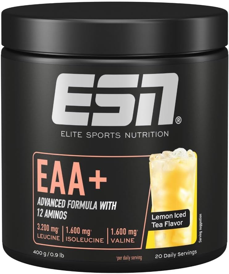 ESN EAA+, Lemon Iced Tea, 400 g, tutti e 9 gli aminoacidi essenziali (EAA) e vitamina B6, 3,2 g di leucina per porzione, solubilità ottimale, vegano - prodotto in Germania