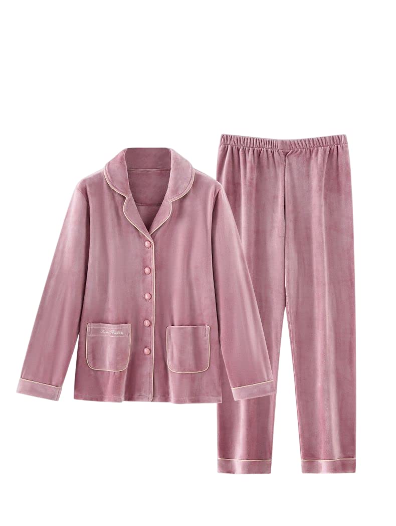 LUBOSE Conjunto de pijama de franela para mujer, ropa de descanso, 2 piezas, pijama térmico con botones, talla 3XL, rosa