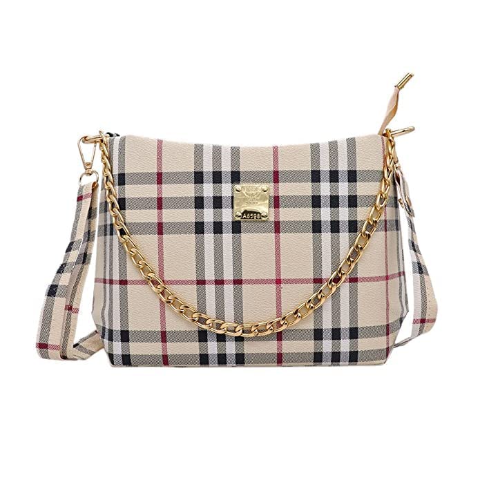 DIYASHI® Fancy Ladies purse with beautiful PU-LEATHER material with checks design Comes with Golden Chrome Chain + long leather shoulder Belt. (Cream Checks)