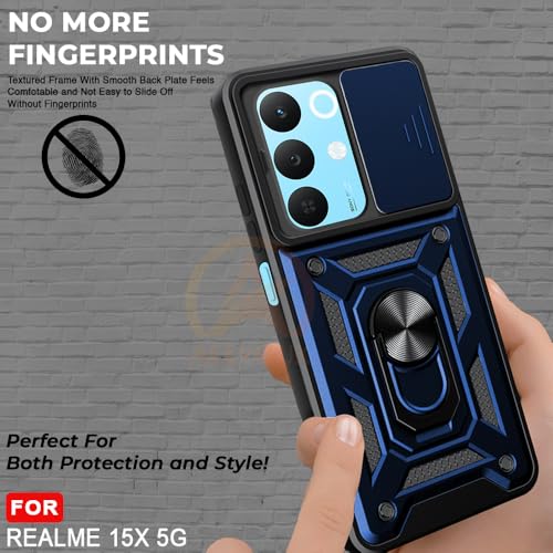 Image of Armor Bumper Back Cover Case for Realme 15X 5G Rotating Camera Cover, Ring Holder & Kickstand | Heavy Duty & 360 Degree Protection Realme 15X 5G Back Cover (Blue)