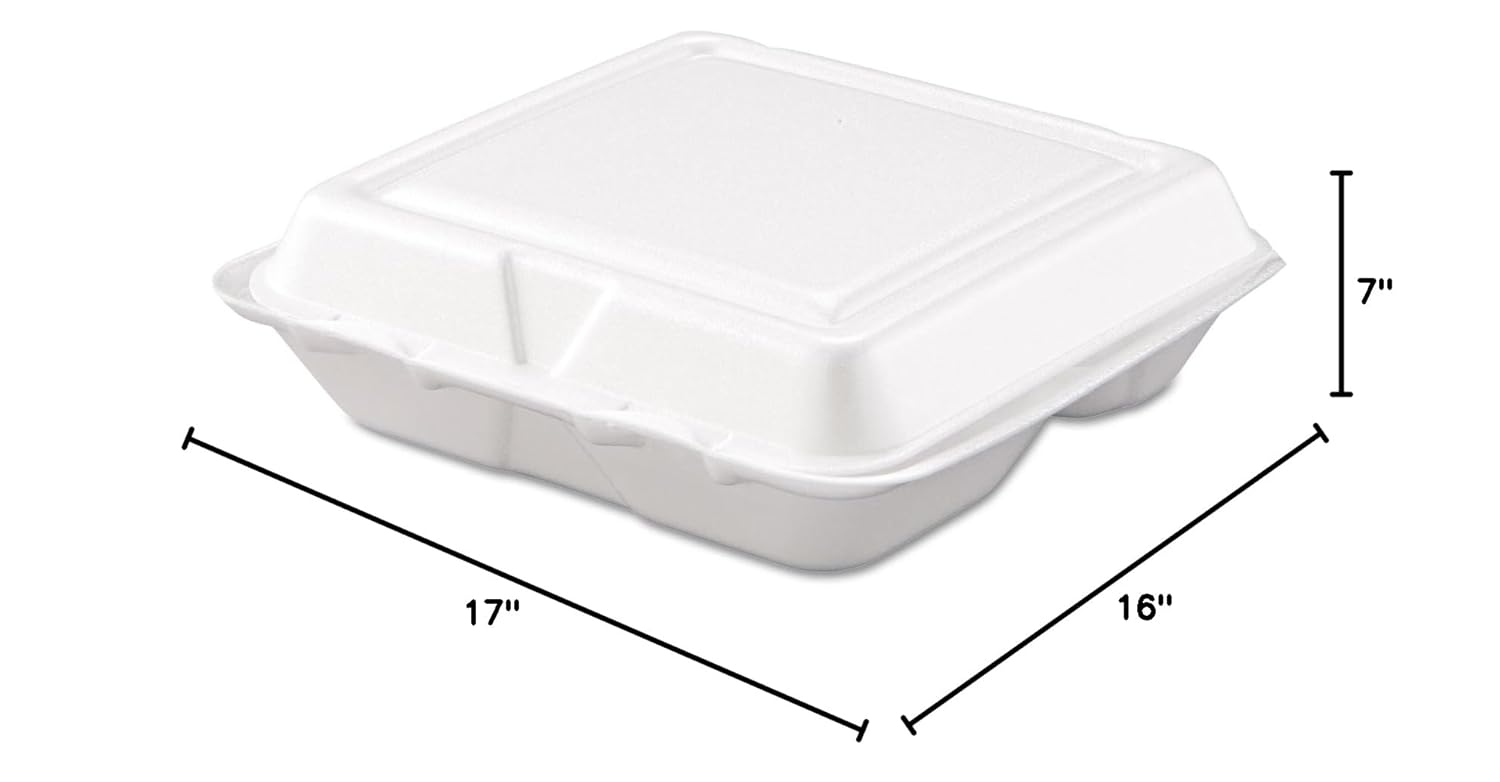 Dart 80HT3R Sm 3 Comp Foam Hinged Container, 8 in (Case of 200)