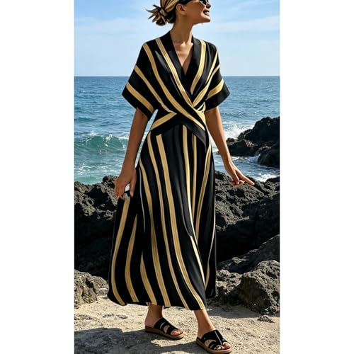 Robe d'été style villégiature longue portefeuille à rayures - 6