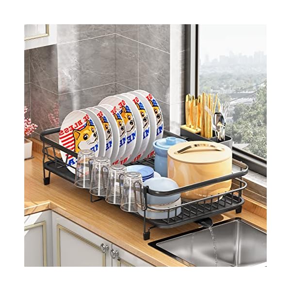 Dish Drying Rack, Expandable(12.8"-21.5") Dish Racks for Kitchen Counter, Large Dish Rack with Drainboard, Dish Drainer Organizer with Utensil Holder, Cup Rack (Black)