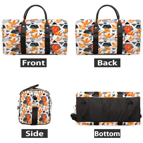 Autumn Pumpkin Leaves Travel Duffel Bag, Halloween Geometric Sports Tote Gym Bag, Foldable Weekender Overnight Bag, Luggage Handle Bag for Women Men2