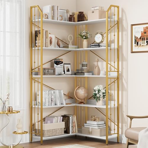 GarveeHome Corner Bookshelf 72" L Shaped Bookcase, Corner Bookshelves Industrial Bookcase 5 Tier L-Shape Bookshelf, Large Bookcases with Beaded Design