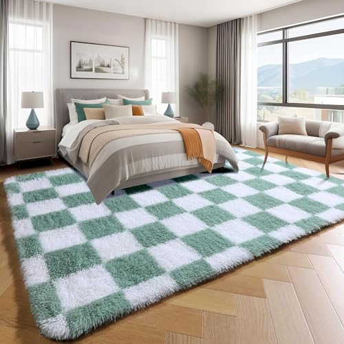 Image of KICMOR Living Room Rugs 5x8 Sage Green and White, Large Fluffy Furry Shaggy Fuzzy Checkered Area Rug Bedroom Big Carpet, Shag Plush Soft Nursery Rug Cozy Room Decor for Teen Toddler Kids Baby Boys