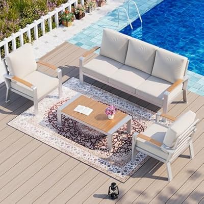 WACASA Modern Outdoor Aluminum Patio Furniture Set 4-Piece with Tempered Glass Coffee Table, Water-Resistant Cushions & Curved Armrests - Modular Sectional Metal Sofa for Backyard, Garden, Poolside
