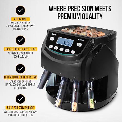 Image of Kolibri KCS-2000 Professional USD Coin Counter Machine, Coin Sorter, Wrapper /Roller | 300 Coins /min, LED Display, Batch Feature | USD Change Counter (USA Tech Support)