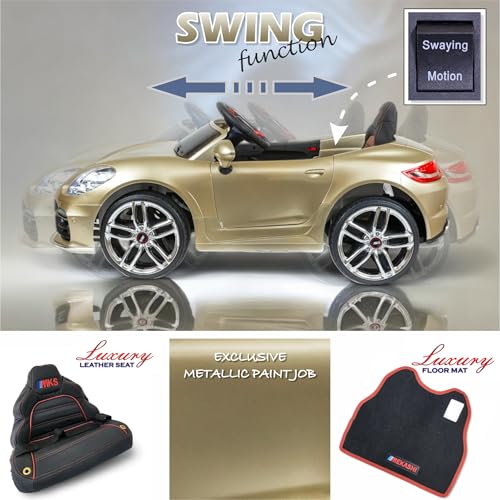 Image of MEKASHI Premium Electric Ride-On Car for Kids 1-7 Years with 12V Rechargeable Battery, Parent Remote Control, Bluetooth Music, LED Lights, 5 Speed Modes, Swing Function, Metallic Gold