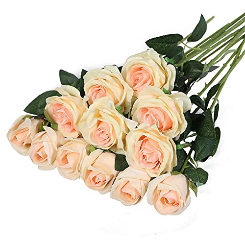 Hawesome 12Pcs Artificial Silk Flowers Realistic Roses Bouquet Long Stem For Home Wedding Decoration Party (Champagne) #TOP17