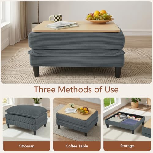 Image of Corduroy Storage Ottoman Coffee Table for Modular Sectional Couch, Corduroy Footrest Extension with Hidden Storage, Modern Soft Cushioned Stool for Living Room, Gray