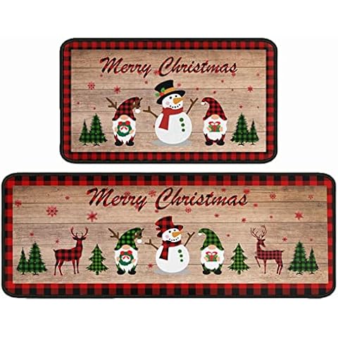 Christmas Gnome Kitchen Rug Sets Merry Christmas Indoor Floor Mats for Winter,Christmas Snowman Red Buffalo Plaid Kitchen Runner Rug 17" x 47" + 17" x 30"- Snowflake Tree Retro Wooden Board Cover