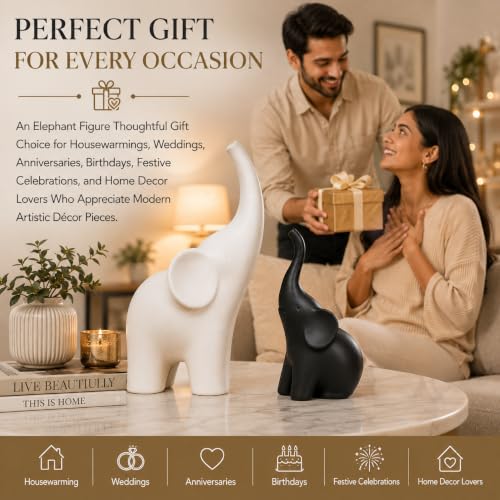 Image of Elephant Showpiece Set for Home Decor, Matte Finish Elephant Decorative Figurines for Living Room, TV Table, Shelf Decor Lucky Elephant Statue for Housewarming Gift (Black & White,PLA Plastic)