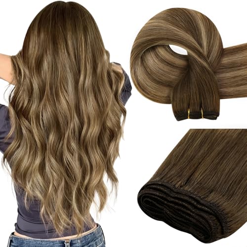 Image of Easyouth 22 Inch Sew in Hair Extensions Real Human Hair Balayage Human Hair Weft Extensions Dark Brown Fading to Caramel Blonde Mix Brown Hair Weft Extension Add Length and Volume 100G