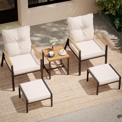 LAUSAINT HOME 5 Pieces Outdoor Patio Conversation Set with Adjustable Reclining Chairs, All Weather Balcony Furniture Set with Ottomans and Coffee Table for Porch, Garden, Balcony
