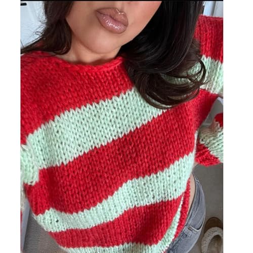 Image of Women Y2K Striped Sweater 90s Vintage Aesthetic Long Sleeve V-Neck Knit Pullover Jumper Loose Fall Sweatshirt