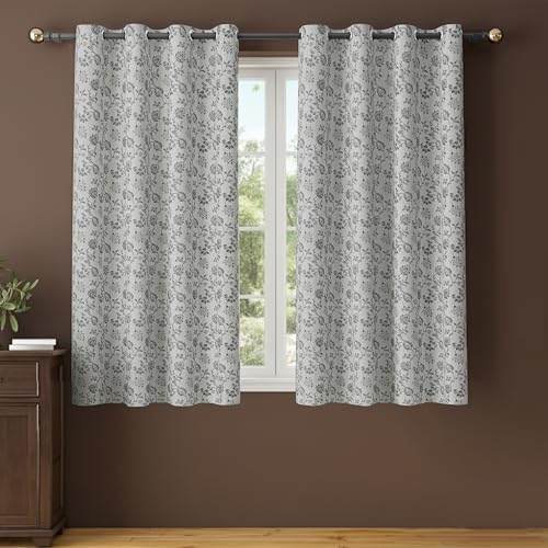 Image of Yellow Weaves 2 Pcs Jacquard Botanical Eyelet Window Curtain - Perfect for Home, Office, Bedroom, Living Room & Balcony - 5 Feet (Silver)