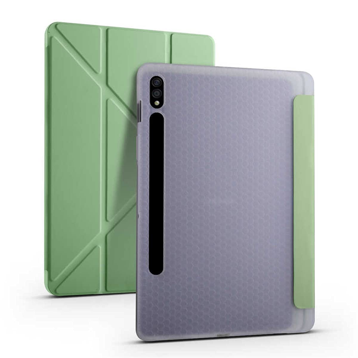 Zore Galaxy ile uyumlu Tab S7 T870 Kılıf Tri Folding Kalem Bölmeli Standlı Kılıf Açık Yeşil