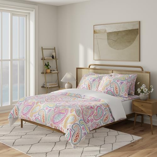 Image of QuickZip Duvet Cover with Zipper Closure - Ultra Soft Long-Staple 100% Cotton, Oeko-Tex Certified, Durable Interior Corner Ties, Corner Clips, Full /Queen, Reversible Paisley /White (Sateen)