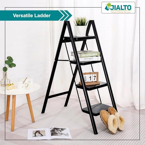 Image of JIALTO 4 Step Metal Ladder for Home, Foldable Lightweight Stepping Stool with Wide Pedals, Anti Slip Heavy Duty 150 Kg Capacity, Portable for Kitchen, Office & Library (Black)