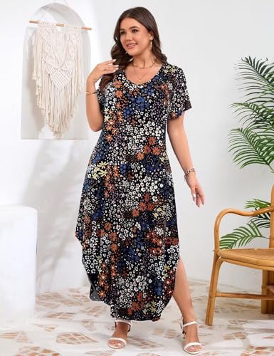 Image of JollieLovin Womens Plus Size Casual Summer Maxi Long Dress Short Sleeve T-Shirt Loose Sun Dress(L-5X)