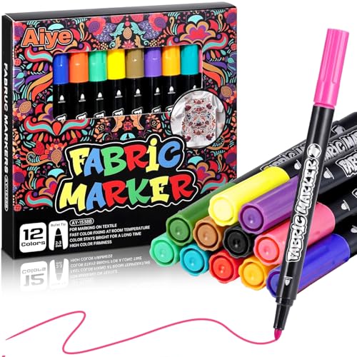 LCHYI 12/24 Colors Fabric Markers Pens Set - Fine Tip Fiber Nib Textile Markers Permanent Washable Fabric Paint Pens for Clothes DIY Art Markers for T-Shirts Canvas Bags Hats (12)