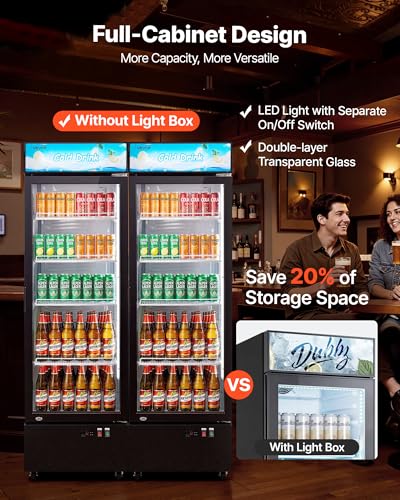Image of VEVOR Commercial Merchandiser Refrigerator, 12.7 Cu.Ft / 360 L Glass Door Display Refrigerator, Upright Beverage Cooler with Customizable Lightbox, 4 Adjustable Shelves & Soft LED Light for Home Shops