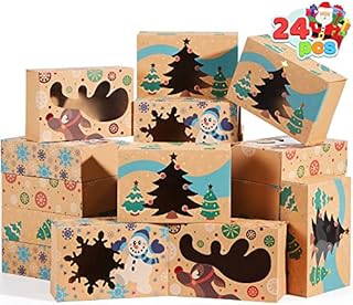 JOYIN 24 Christmas Bakery Treat Boxes for Doughnut and Cookie, Brown Kraft Cookie Boxes for Holiday Pastries, Cupcakes, Brownies, Gift Giving, 22cm x 14cm x 7cm