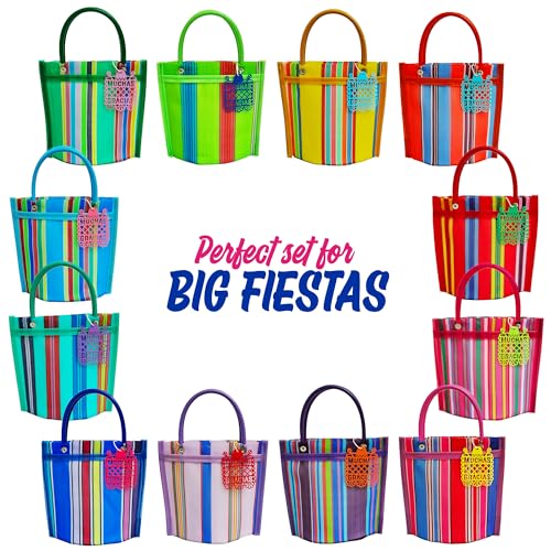 12 Mini Mercado Bags For Fiesta Mexicana Party Favors & Mexican Papel Picado Gift Tags