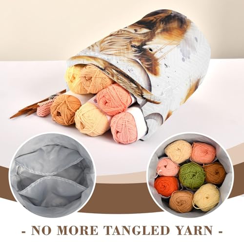 Image of WELLDAY Highland Cow Portrait Crochet Bag Knitting Bag Yarn Storage Organizer, Portable Yarn Bag and Tote for Crocheting Project, Store Skein Ball, Short Knitting Needle
