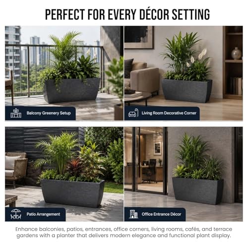 Image of Go Hooked Rectangular Leios Planter Pot 36x14 Inch | Grey Ribbed Design Plastic Flower Pot for Indoor Outdoor Garden Balcony Terrace Living Room | Decorative Long Plant Container with Drainage Hole