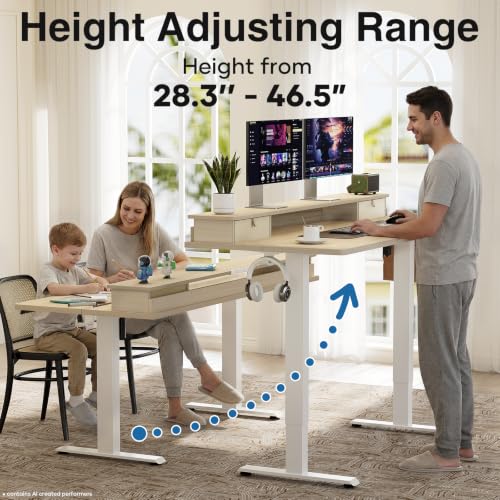 Image of Veken 47x28 in Electric Standing Desk with Drawers, Adjustable Table, Wood | Stand up Computer Desk for Home Office, Work & Study, with Storage, 3 Memory Presets, Cable Organizer, Hook, and Quiet Lift.