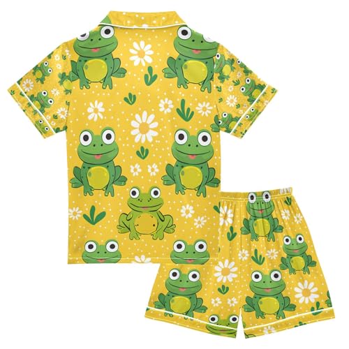 senya Frogs on Yellow Background Satin Summer Pajama Sets Silk Short Sleeve Button Down Sleepwear2