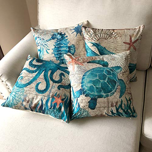 Ulove Love Yourself Mediterranean Style Throw Pillow Case Sea Theme Decorative Square Cotton Linen Coastal Cushion Cover For 18 X 18 Inch Pillow Inserts, 4Pack Nautical Pillow Covers #TOP4