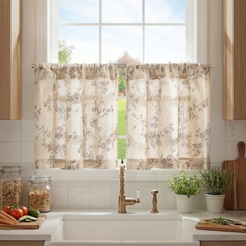 jinchan Floral Kitchen Curtains 24 Inch Linen Tier Curtains Farmhouse Cafe Half Window Drapes Over...