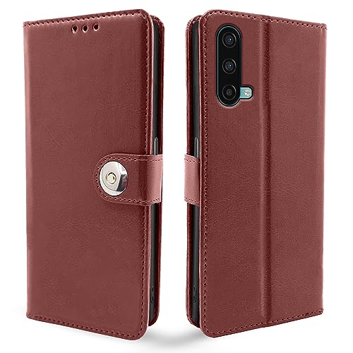 Image of Pikkme Oneplus Nord Ce 5G Flip Cover Leather Finish | Inside TPU with Card Pockets | Wallet Stand and Shock Proof | Complete Protection Button Flip Case (Brown)