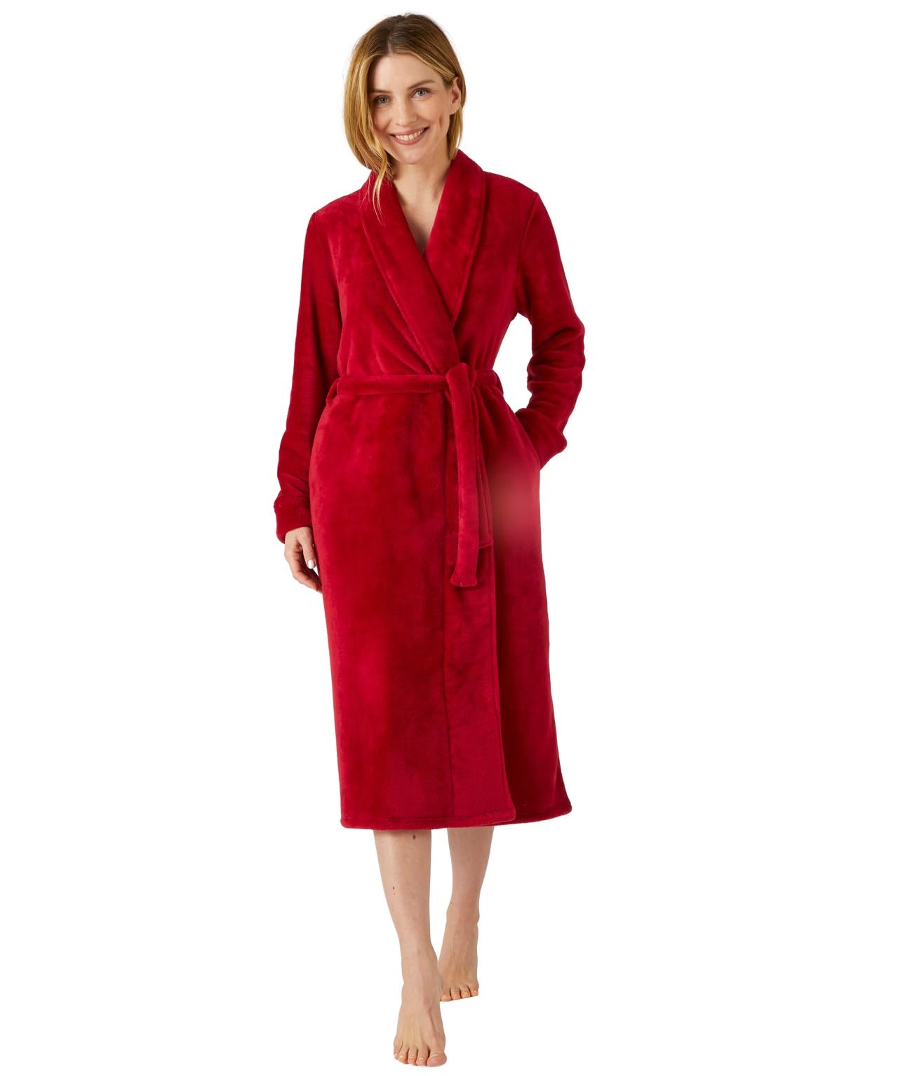 Damart Fleece Wrap Gown Women Nightwear Shawl Collar Thermolactyl Long Sleeves Red