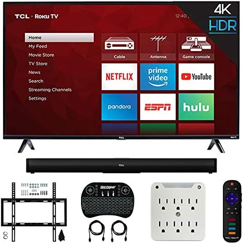 TCL 55S425 55-inch 4-Series 4K UHD Roku Smart TV (2019) Bundle Alto 5 TS5000 2.0 Channel Sound Bar, Wireless Keyboard, Deco Mount Wall Mount Kit and 6-Outlet Surge Adapter with Night Light