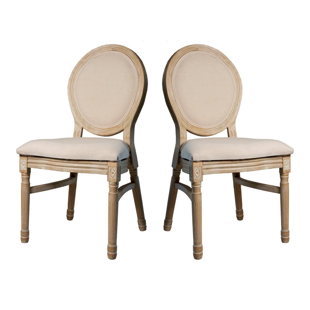 EME Conjunto 2 Sillas Medallón de Madera de Abedul Macizo Envejecido Estilo Francés con un Toque Vintage Respaldo y Asiento Acolchado de Lino en Color Beige Sillas Apilables