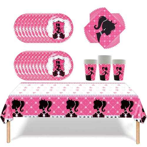 Fuwraixis Stoviglie per feste ragazze rosa, Set di decorazioni da stoviglie per feste di compleanno, 20 tovaglioli, 20 bicchieri di carta, 20 piatti di carta, 1 tovaglia, Ideale per le feste